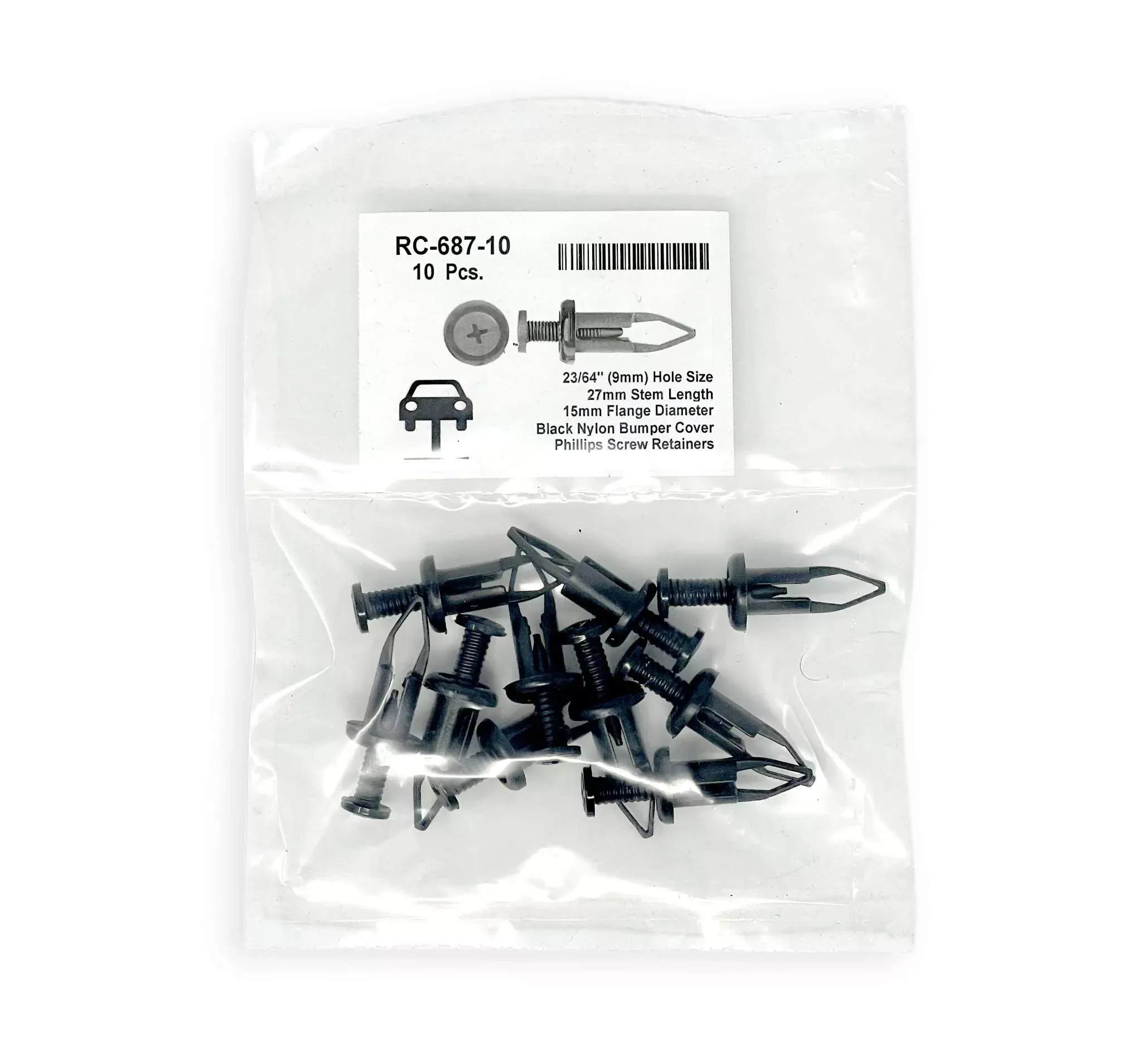 Black Nylon Bumper Cover Rivet - 9mm Hole Size 27mm Stem Length (Pack of 10)