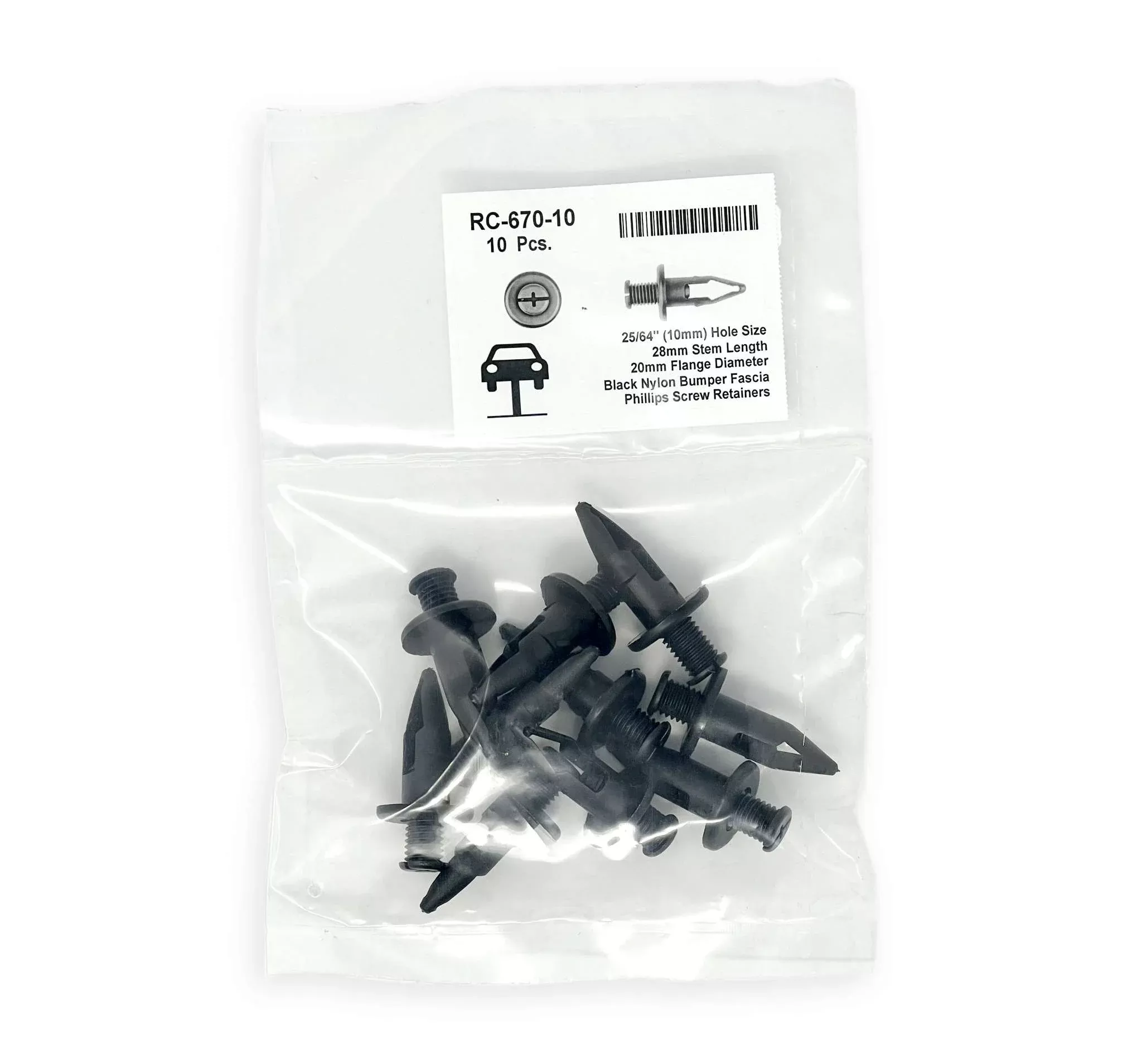 Black Nylon Bumper Fascia Retainer - 10mm Hole Size 28mm Stem Length (Pack of 10)
