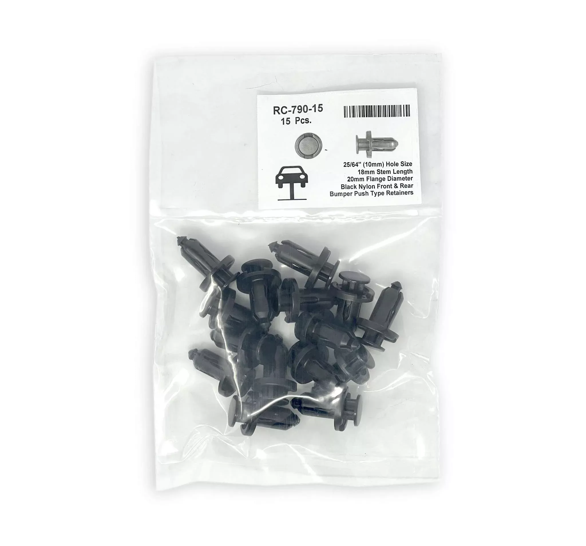 Black Nylon Fender Push Retainer - 10mm Hole 20mm Flange 18mm Stem (Pack of 15)