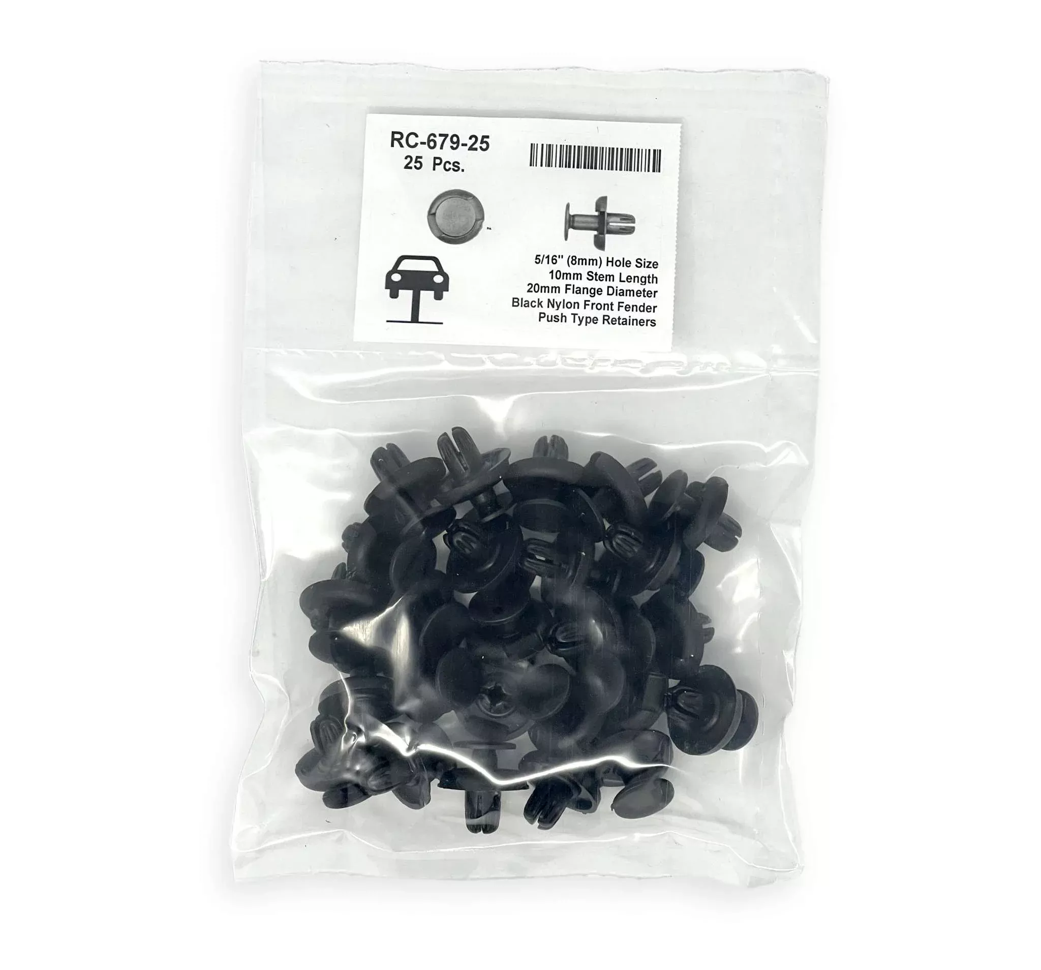 Black Nylon Front Bumper Push-Type Retainer Head Diameter 20mm, Stem Length 13mm, Fits Into 10mm Hole (Pack of 25)