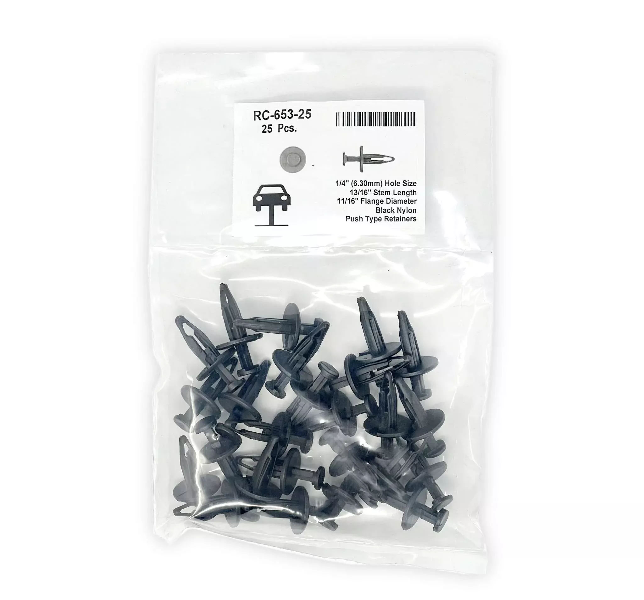 Black Nylon Push-Type RetainerHead Diameter 11/16", Stem Length 13/16",Fits Into 1/4" Hole Chrysler # 6501925 (Pack of 25)
