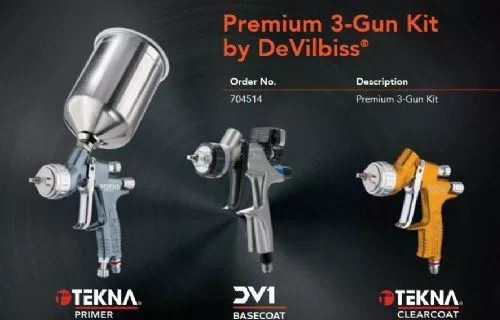 Devilbiss Ultipmate 3-gun kit with DV1 Basecoat gun and Tekna Clear and Primer Guns
