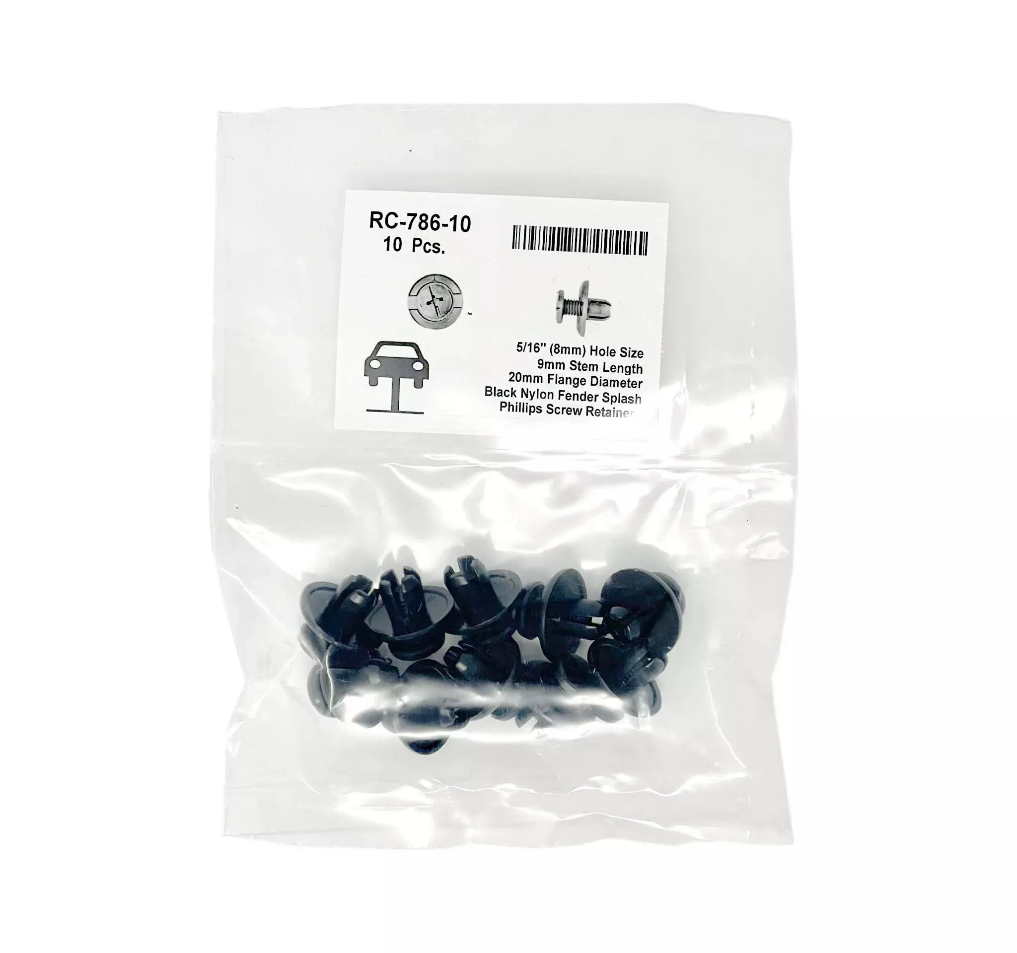 Nylon Fender Splash Shield Retainer - 8mm Hole Size 9mm Stem Length (Pack of 10)