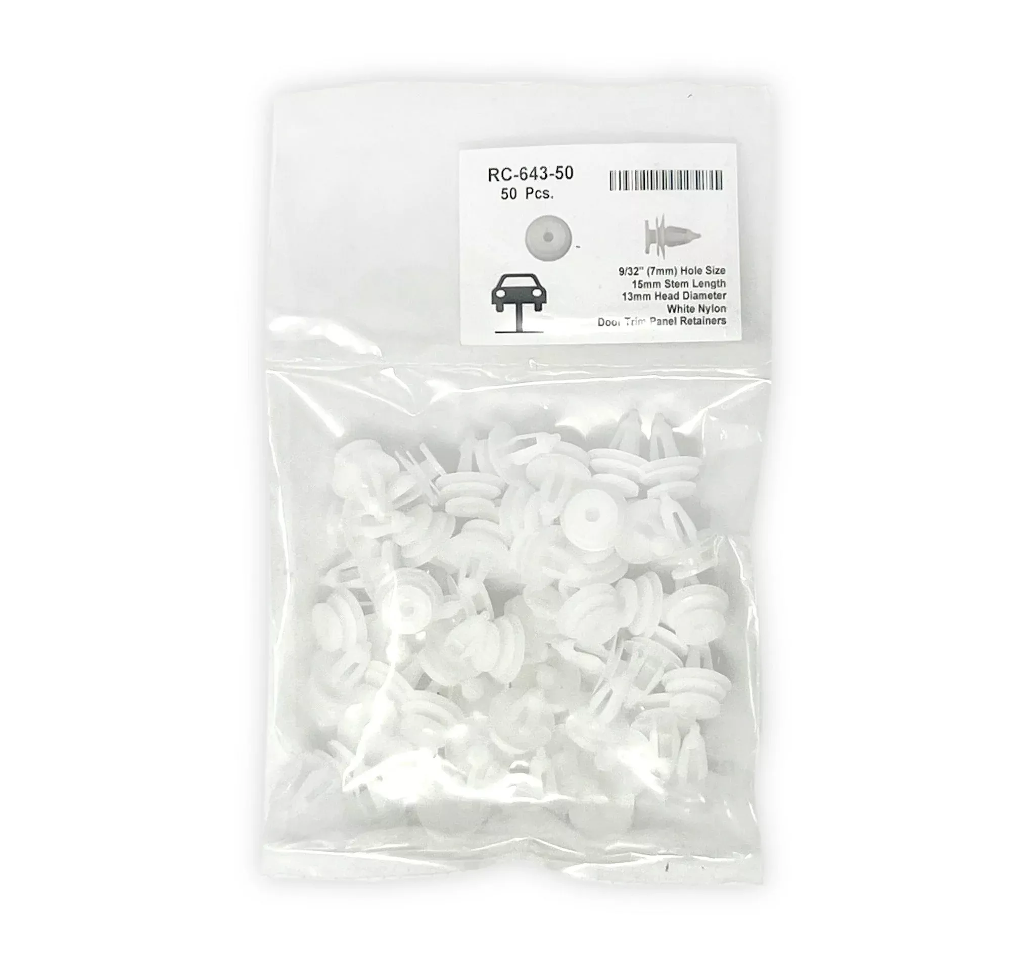 White Nylon Door Panel Retainers - 7mm Hole 13mm Head 15mm Stem (Pack of 50)